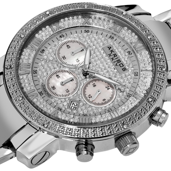 Akribos XXIV Silver and Black Chronograph Watch 2ct Genuine Diamonds - Picture 6 of 11